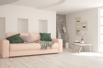 Soft color living room with sofa. Scandinavian interior design. 3D illustration