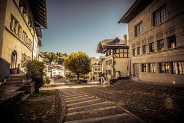 Wide angle shot of the streets of the old town of Fribourg, shot in Fribourg, Switzerland
