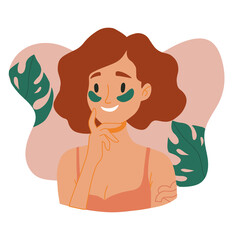 Skin care routine. Young girl face skin, organic natural cosmetic products. Korean cosmetics. Woman portrait with face mask, care supplies. Beauty procedures vector cartoon icon. Face care.