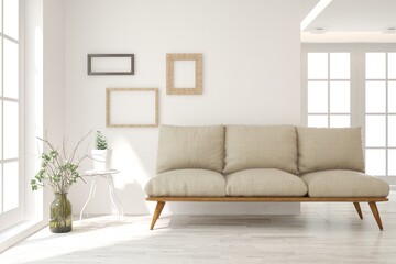 White living room with sofa. Scandinavian interior design. 3D illustration