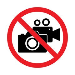 No photography camera and video record sign, Taking pictures and recording not allowed, Prohibition symbol sticker for area places, Isolated on white background, Flat design vector illustration