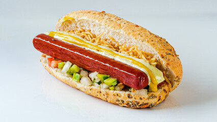 Traditional hot dogs, sandwich served with sausage, potato chips sauces on special bread