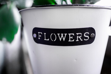Kwiaty w metalowej donicy z napisem flowers.