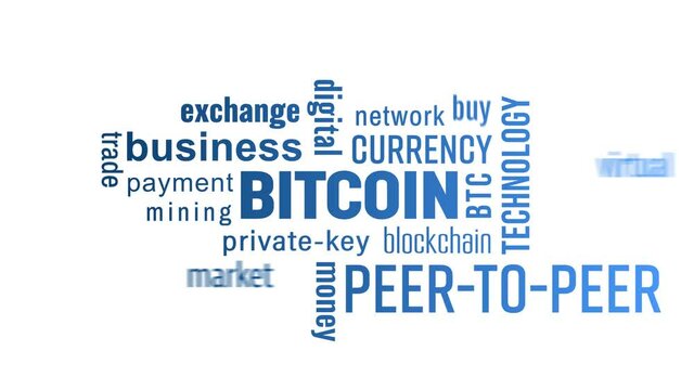 Video animation of a keyword cloud with blue text over white background - Bitcoin - digital cryptocurrency
