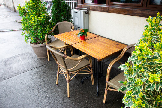 Outdoor cafe surrounded with green plants with empty tables and chairs 