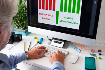 Senior white-haired man typing on keyboard working at computer on coronavirus data