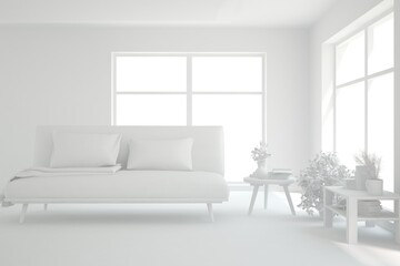 White minimalist living room with sofa. Scandinavian interior design. 3D illustration