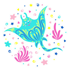 Fototapeta premium Marine stingray. Cartoon character. Funny children's illustration. Isolated vector image on white background.
