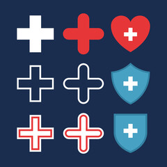 Set of plus or medical cross icons, heart with cross, shields with cross. Flat pharmacy design. Medical, healthcare icons, isolated on dark blue background. Vector color illustration.