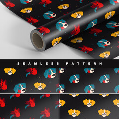 4 seamless patterns with cute cartoon dogs for greeting cards, wrapping paper and textiles