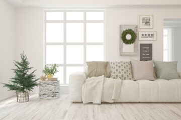 White living room with sofa. Scandinavian interior design. 3D illustration
