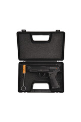 Modern semi-automatic pistol isolate on a white background. Armament for the army and police. Short-barreled weapon