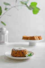 Carrot cake (pie, muffin). Vegetarian (lean) food. Healthy eating - a light tasty nutritious breakfast (snack).