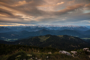 Sunrise panorama view at Benediktenwand mountain, Bavaria, Germany