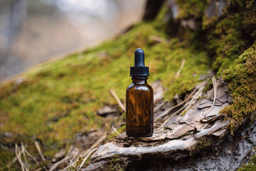 Serum for face in the forest. Skincare routine step for healthy skin. Essence for Healthy Skin. Filler for wrinkles. Hyaluronic acid, skin hydration, bottle drops. Beauty and cosmetic concept. 