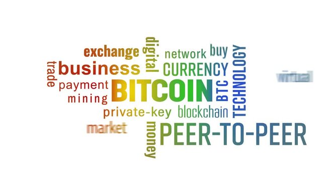 Video animation of a keyword cloud with colorful text over white background - Bitcoin - digital cryptocurrency