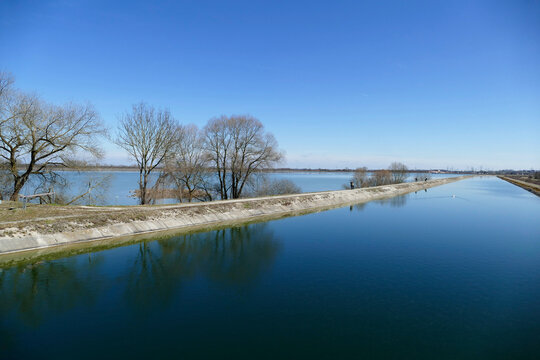 Reservoir Speichersee lake in Ismaning in Bavaria, Germany