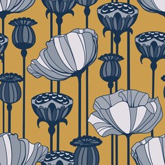 Seamless pattern with monochrome blue poppies on mustard yellow