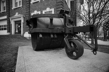 Cambridge (Hespeler), Ontario, Canada - March 18 2020: Antique Gravel Roller - Black And White