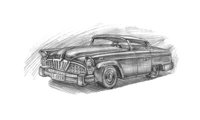 Fototapeta premium old American retro car of the 50s-60s with chrome details, graphite pencil illustration, isolated on a white background in hand drawn style