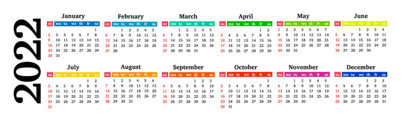 Horizontal calendar for 2022 on a white background