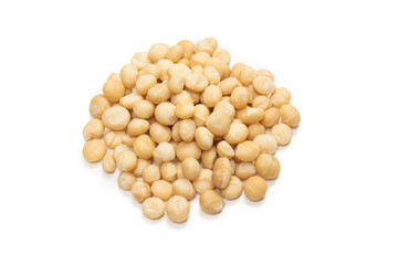 Macadamia nuts isolated on white background.