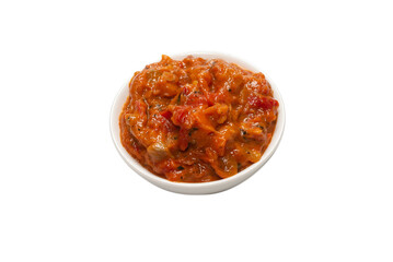 Vegetable stew in a bowl isolated on white background.