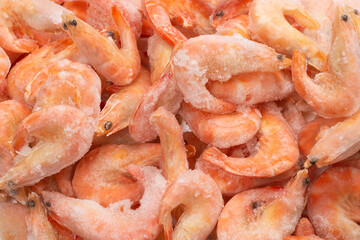 Fresh shrimps in ice. Top view.