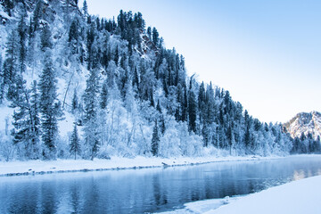 Icy shore of lake with snowy forest. Cold weather, frozen riverbed due to sharp cold snap