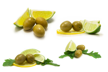 Two olives and piece of lemon and lime isolated on white