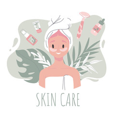 Skin care routine. Young girl face skin, organic natural cosmetic products. Korean cosmetics. Woman in towel portrait with eye patches, care supplies. Beauty procedures vector cartoon icon.