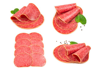 Salami slices isolated on white background.