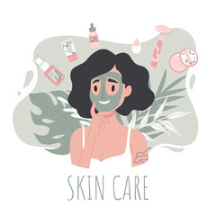 Skin care routine. Young girl face skin, organic natural cosmetic products. Korean cosmetics. Woman portrait with face mask, care supplies. Beauty procedures vector cartoon icon.