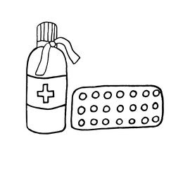 Pills in a blister and cough syrup, hand-drawn vector illustration in the style of a doodle.  A cartoon element. Isolated on a white background.