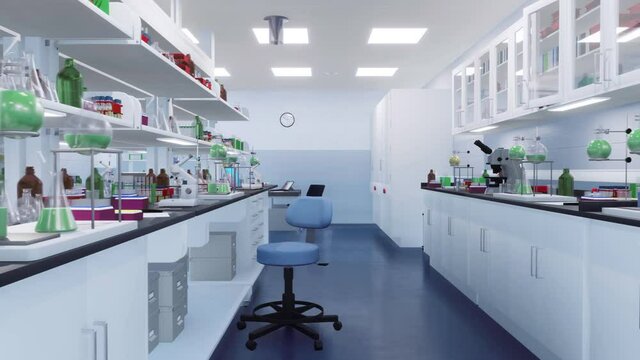 Empty scientific research lab room interior with various modern laboratory equipment on workplace table in close up. With no people medicine and science technology concept 3D animation rendered in 4K