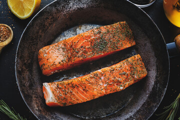 Raw salmon with spices on pan