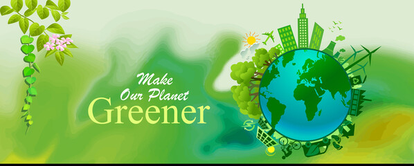Our green planet with forest, infrastructure, people, buildings, and background with flowers and leaves.	