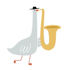Vector illustration with goose playing saxophone. Colored music print design with animal and music instrument © julymilks