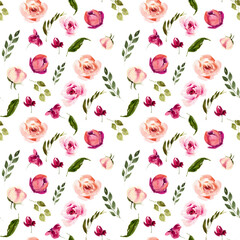 Watercolor floral pink roses seamless pattern for dresses, textiles, packaging 