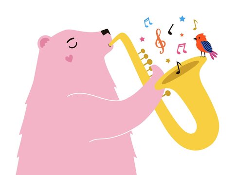 Vector illustration with pink bear plays the saxophone, red bird and musical notes. Colored music print design with animals and music instrument
