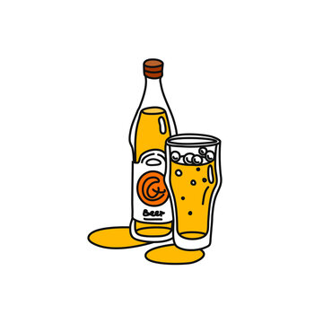 Beer bottle and glass outline icon on white background. Object overlaps the other. Colored cartoon sketch graphic design. Doodle style. Hand drawn party drinks concept. Freehand drawing style