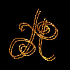 Calligraphy isolated golden letter H on the black background, part of alphabet, for logo, signature