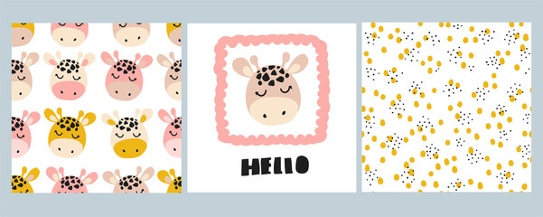 Cute giraffe face. A set of cards for children's design. Seamless pattern with funny muzzles. Abstract infinite dot background. For baby shower, wallpaper in the baby's room