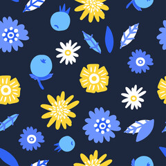 Cute cartoon flowers and leaves seamles pattern. Colorful doodle hand drown flowers and leaves. Textile vector print design