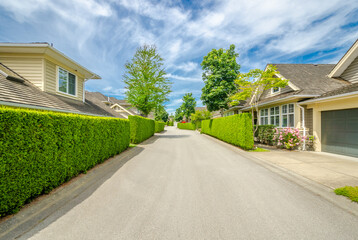 A perfect neighborhood. Houses in suburb at Spring in the north America