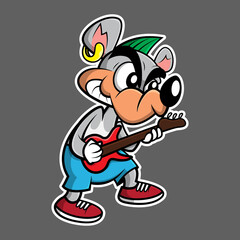 Funny mouse cartoon character wearing like a rock star style while playing electric guitars, best for mascot or logo of instrument product or toys for kids