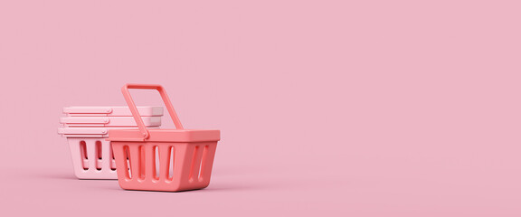 Empty shopping baskets on pink background. 3d rendering illustration. 