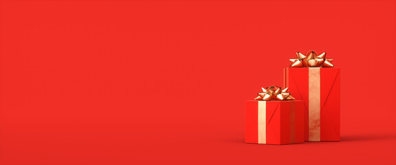 Realistic gift boxes on red background with epmty space. 3d rendering illustration. 
