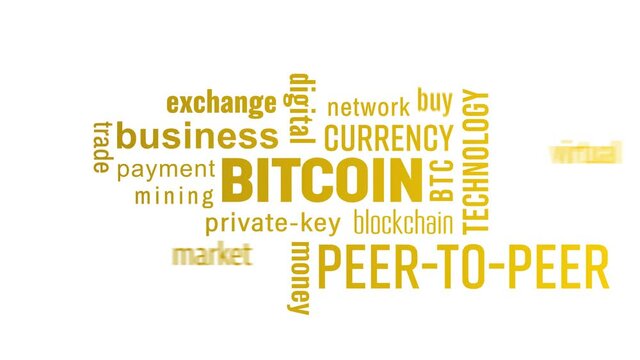 Video animation of a keyword cloud with orange text over white background - Bitcoin - digital cryptocurrency