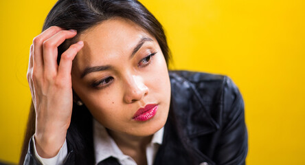 Fototapeta premium Young beautiful woman close-up - headshot in a studio - studio photography